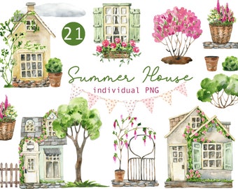 Watercolor Farmhouse Clipart, Cottage, Trees, Summer Houses (PNG)