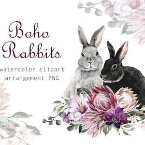 Aquarell Kaninchen Clipart Blumengesteck Clipart Tiere Niedliche Häschen Clipart Boho Hochzeit Baby Shower Herbst Dekor Logo Design png