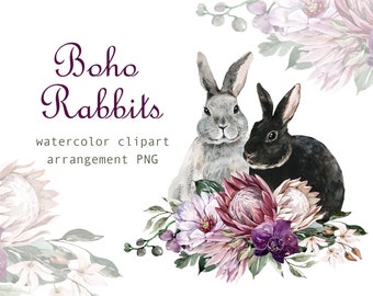 Watercolor Rabbits Clipart Floral Arrangements Clipart Animals Cute Bunny Clipart Boho Wedding Baby Shower Autumn Decor Logo design png