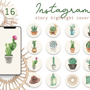 Peut inclure: Ensemble de 16 couvertures de surbrillance d'histoires Instagram avec des illustrations à l'aquarelle de cactus et de succulentes en pots, une lanterne, un chapeau et un motif de soleil tissé. Les couvertures sont de forme circulaire avec un fond blanc.