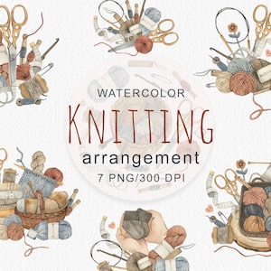 Aquarell Strickarrangement Clipart, handbemalt, Logo Design, Häkelarbeit, Schere, Garn, Hobby, Modedekor, digital, PNG
