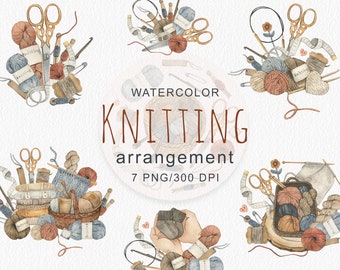 Watercolor  Knitting arrangement Clipart, Hand painted, Logo Design, Crochet Needlework, Scissors, Yarn, Hobby, Fashion Decor, digital, PNG