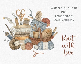 Watercolor Knitting arrangement, Sublimation, Watercolour clipart, Hand painted Clip Art, Needlework, Hobby, Logo Design, Decor digital, PNG