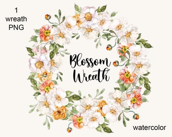Watercolor Blossom Wreath Clipart Spring Floral Frame clip art  Summer Wreath png Wedding decor invitation card logo design  Digital PNG