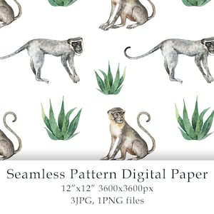 Puede incluir: Un papel digital de patrón sin costuras con ilustraciones de acuarela de monos y plantas verdes. El patrón mide 30,5 cm por 30,5 cm y está disponible en 3 archivos JPG y 1 archivo PNG.