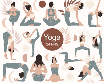 Boho Yoga Clipart PNG, Hand gezeichneter minimalistischer Yoga Posen Vektor, abstrakte Frau Meditation Line Art, Digitale Clipart Bundle Kommerzielle Nutzung