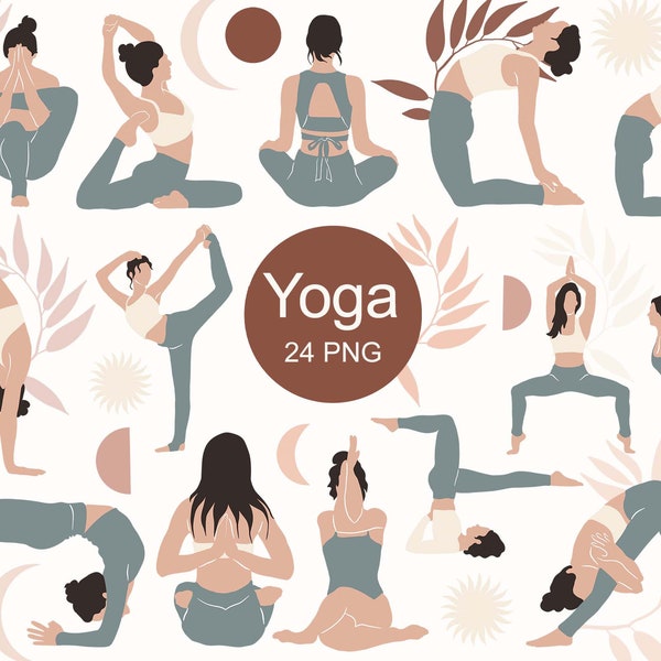 Hand Drawn Yoga Clipart Boho Abstract Elements Gym Exercise Sport Mother's Day Eco Style Clipart Stickers PNG Digital Download