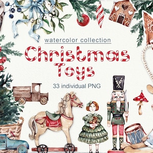 Acuarela Clipart Invierno Navidad Juguetes Vintage Acogedor Clip art Cascanueces Árbol de Navidad Decoraciones Decoración de pared Digital PNG