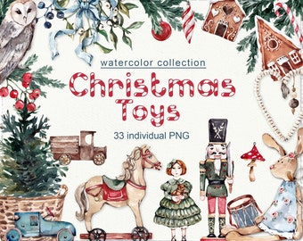 Watercolor Christmas Toys Clipart, Vintage Nutcracker PNG Bundle, Traditional Holiday Clip Art, Digital Cozier Winter Junk Journal Graphics