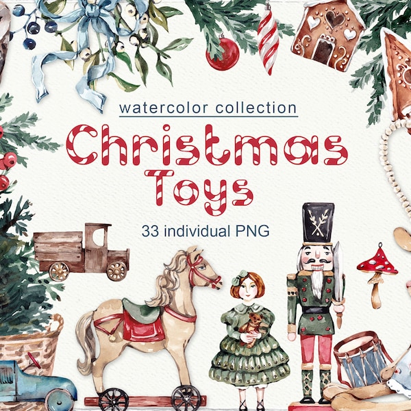 Watercolor Clipart Winter Christmas Toys Vintage Cozy Clip art Nutcracker Christmas Tree Decorations Wall Decor Digital PNG