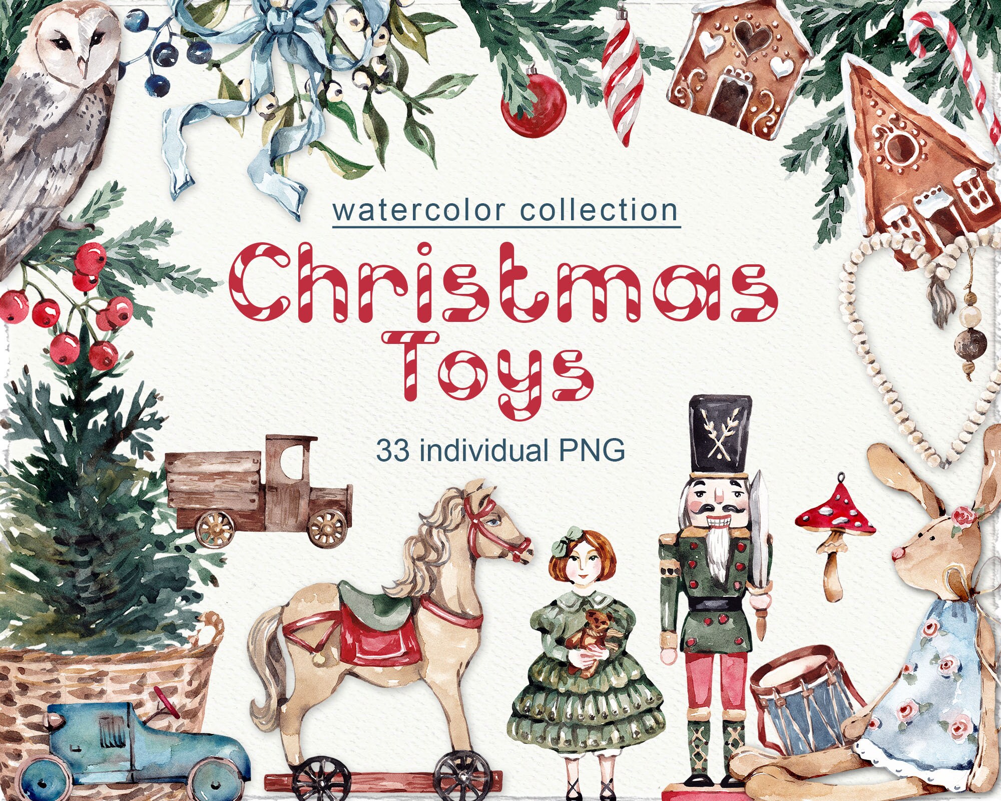 水彩画のクリップアート 冬のクリスマスのおもちゃ ビンテージ 居心地