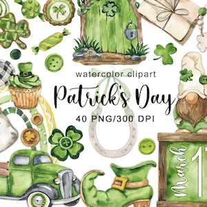 Aquarelle Patrick 's Day clipart Cute Gnomes Clover Sweet cupcake cookies Rainbow Green car Spring decor sticker png digital download