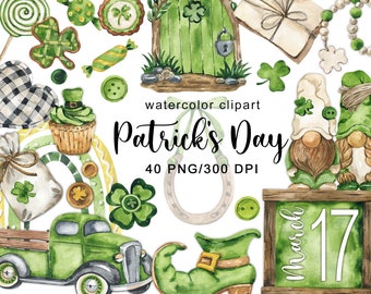 Watercolor Patrick's Day clipart Cute Gnomes Clover Sweet cupcake cookies Rainbow Green car Spring decor sticker png digital download