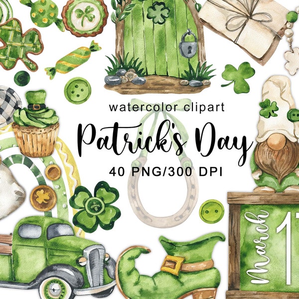 Watercolor Patrick's Day clipart Cute Gnomes Clover Sweet cupcake cookies Rainbow Green car Spring decor sticker png digital download