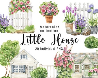 Watercolor Little House Clipart Farmhouse Wedding clipart Tree Summer Country House clipart watercolor buildings house logo plant png