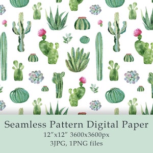 Acuarela cactus patrón sin costuras papel digital tela textil granja decoración jardín diseño floral cumpleaños png digital JPG PNG