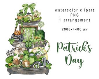 Watercolor Patrick's Day Arrangement clipart Cute Gnomes Clover Sweet cupcake cookies Rainbow Green car Spring decor png digital download
