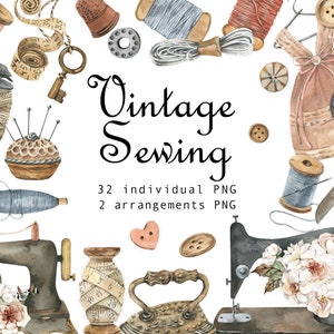 Watercolor Vintage Sewing Clipart Sewing machine Clip Art Needlework Stitching Scissors Buttons Hobby Set Decor digital PNG