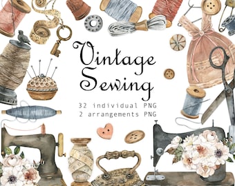 May include: Watercolor illustration of vintage sewing tools and accessories, including spools of thread, sewing machines, scissors, buttons, and a pincushion. The text "Vintage Sewing" is displayed in elegant script. The image has a soft, antique aesthetic.