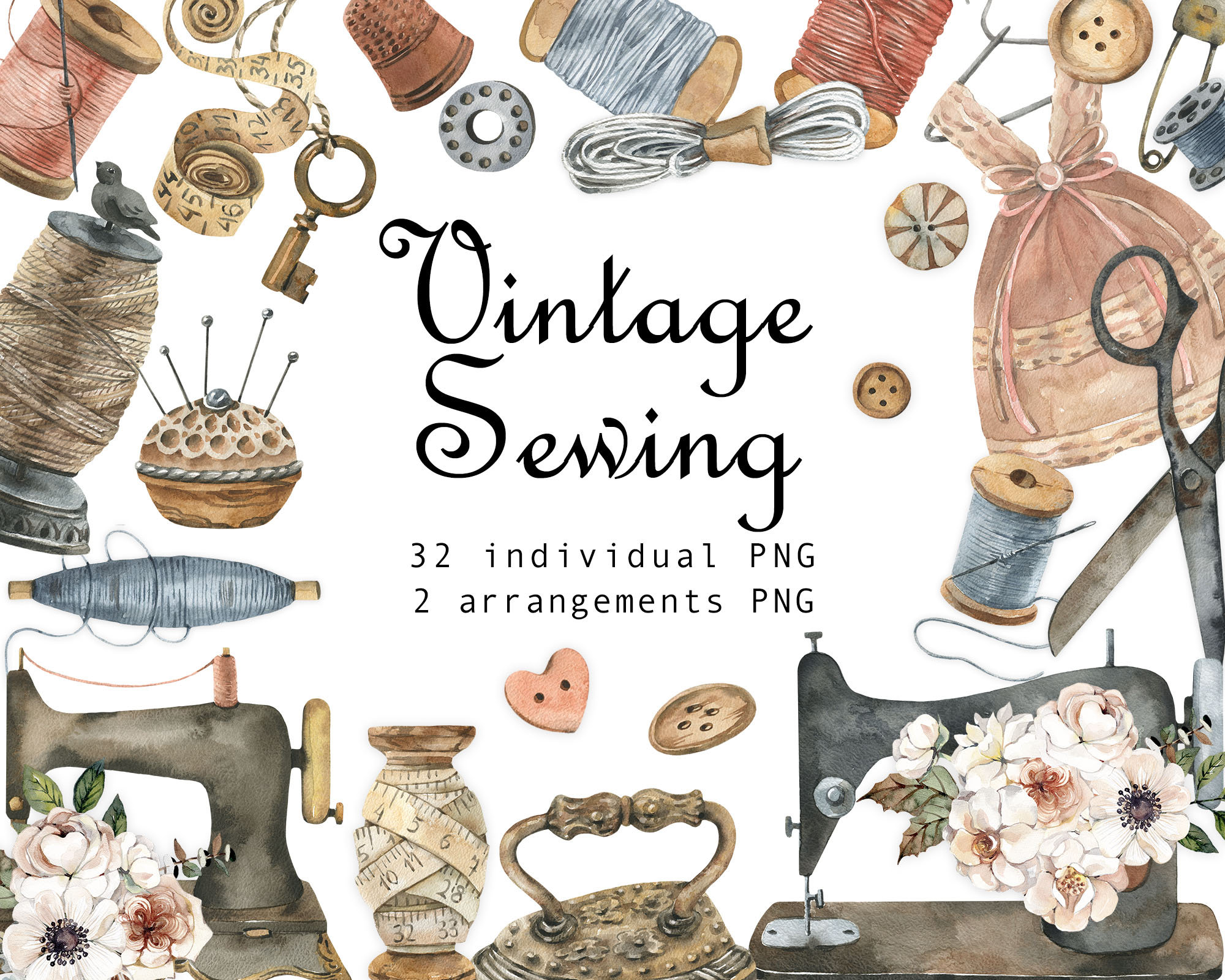 Watercolor Vintage Sewing Kit Clip Art. Branding Kit, Sewing Machine,  Needle, Stitching, Scissors DIY Clipart. 