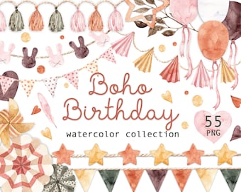 Boho Birthday Watercolor Clipart: Party Decor PNG (55 Images)