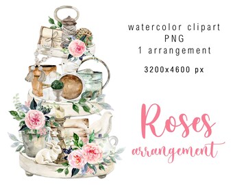 Watercolor Roses arrangement Clipart Pink flowers  Botanical greenery leaves clip art Wedding design illustration download digital png