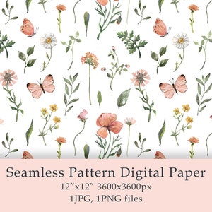 Aquarelle fleurs sauvages motif sans couture numérique papier tissu Textile ferme décor jardin Floral Design anniversaire png numérique PNG JPG