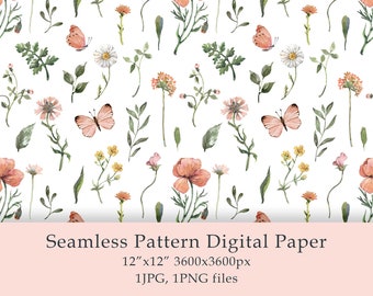 Watercolor Wildflowers Seamless Pattern Digital Paper Fabric Textile Farmhouse Decor Garden Floral Design Birthday png Digital PNG JPG