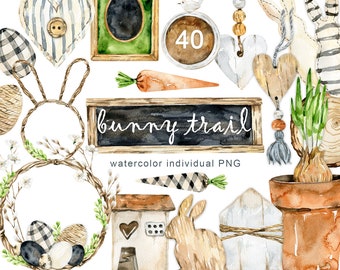 Watercolor Garden Clipart Bunny Rustic Decor Clipart Cute bunny Rabbit, hearts, farmhouses, easter eggs, cozy clipart, natural png