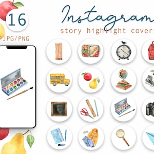 Könnte beinhalten: Set mit 16 Aquarell-Instagram-Story-Highlight-Covern mit Illustrationen zum Thema Schule. Die Cover beinhalten einen Schulbus, einen Globus, einen Rucksack, eine Lunchbox, einen Bleistift, eine Farbpalette, eine Lupe, eine Brille, ein Notizbuch, eine Uhr, eine Kamera, ein Paar Turnschuhe, eine Tafel, ein Lineal und ein Papierflugzeug.