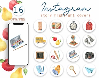 Watercolor Back to School Instagram Highlight Icons, School supplies, School Clipart, Teacher, Highlight Covers, Teacher Blogger, JPG PNG