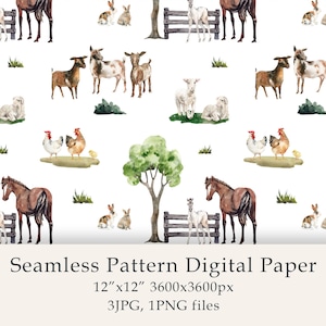 Watercolor Country life Seamless Pattern Digital Paper Animals Farm birthday png Cute animals Horses Hens Goats Rabbits digital PNG JPG