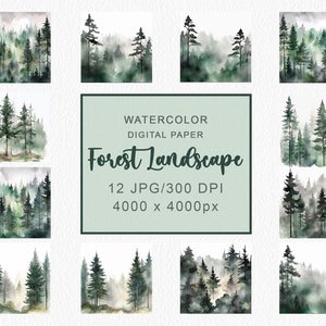 水彩画の森の風景 デジタルペーパー 水彩画の森の背景 トウヒの木 水彩画のクリップアート 森の背景 デジタル JPG
