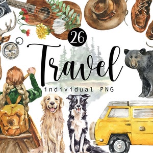 Aquarelle Voyage Clipart Camping PNG Nature Personnes Peint à la main Paysage Forêt Animaux Clip Art Set Nature Accessoires de camping Numérique