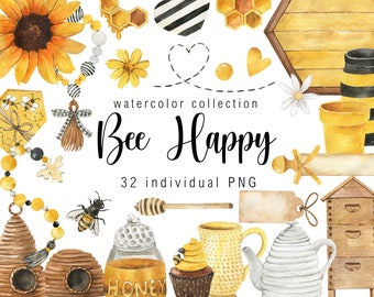 May include: Watercolor clipart collection of bee-themed illustrations, including a sunflower, honeycomb, beehive, and a bee. The text "Bee Happy" is written in a whimsical font. There are 32 individual PNG files.