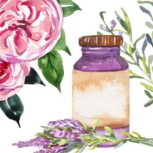 May include: A watercolor illustration of a glass bottle with a purple lid and a brown label. The bottle is surrounded by pink roses, lavender flowers, and green leaves.