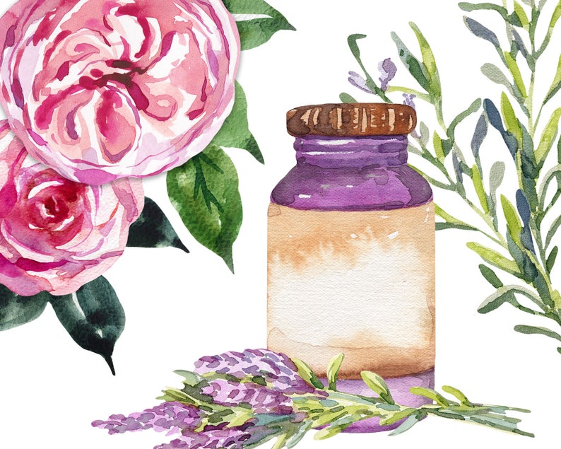 May include: A watercolor illustration of a glass bottle with a purple lid and a brown label. The bottle is surrounded by pink roses, lavender flowers, and green leaves.