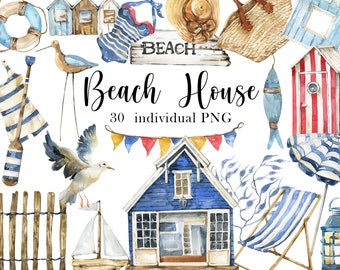 Watercolor Beach Clipart Summer Seascape Nautical Beach House Summer Wooden Sea Decor Umbrella Beach Landscape Nature png