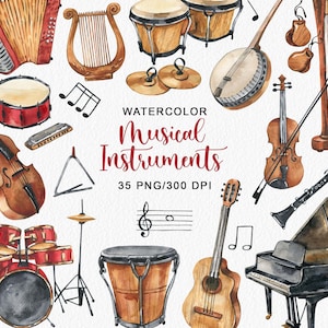 Aquarell Musikinstrumente Clipart Musikal Dekor Clipart Klavier Geige Cello Trommel Orchester Konzert Acoustic Band Clipart PNG