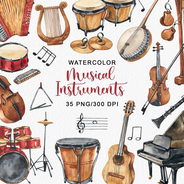 Watercolor Musical Instruments Clipart Musical Decor Clipart Piano Violin Cello Drum Orchestra Concert Acoustic Band Clipart PNG
