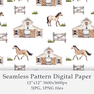 Watercolor Horse in Stable Seamless Pattern Digital Paper Cowgirl birthday Cute animals Horse Farmhouse decor Pattern fabric Digital JPG PNG