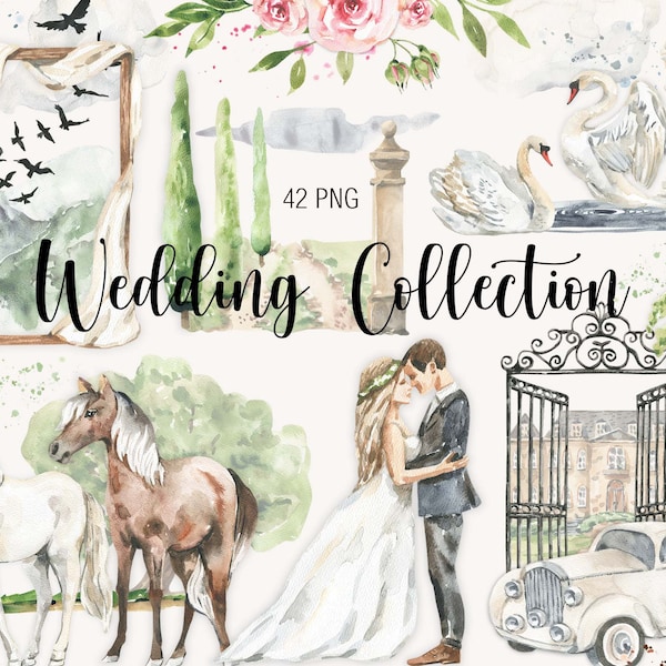 Watercolor  Wedding Collection Clipart White Clip art Wedding car Summer Landscape Swan Horse Just Married Marriage Wedding invitation PNG