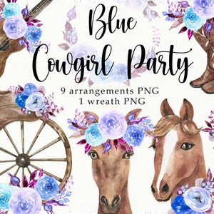 Watercolor Blue Cowgirl Party Clipart Floral Bouquets png Western clip art Horse Clipart Western invitation Design Baby shower digital png