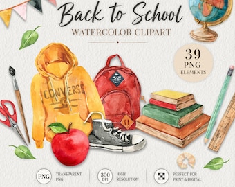 Back to School Clipart, Watercolor School Supplies PNG, Teacher Clipart, Classroom Clipart, Cute Education Graphics for Planner Scrapbooking
