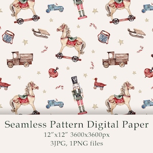 Acuarela Vintage Juguetes de Navidad Patrón sin costuras Papel digital Tela de invierno Fondo digital Álbum de recortes Diseño de papel de regalo PNG JPG