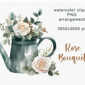Buquê de rosa aquarela em um regador enferrujado Clipart Clipart de casamento Clip art Arranjo de estilo francês Padrões de sublimação digital PNG
