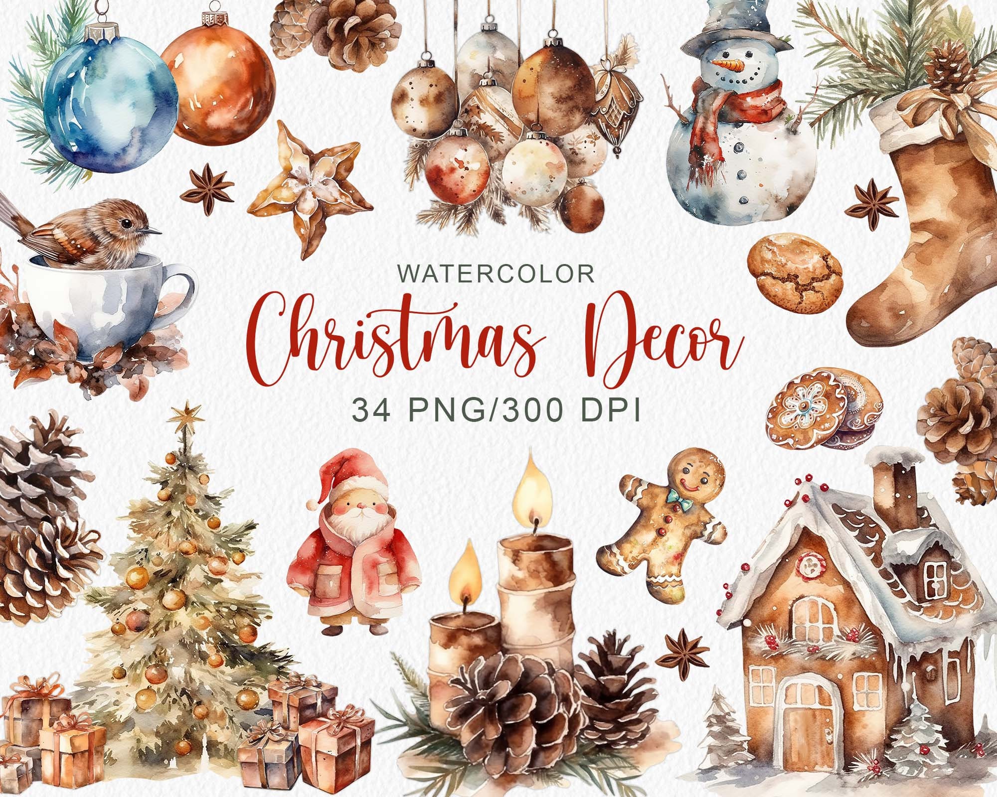 Watercolor Christmas Decor Clipart Cozy Winter Clip Art - Etsy