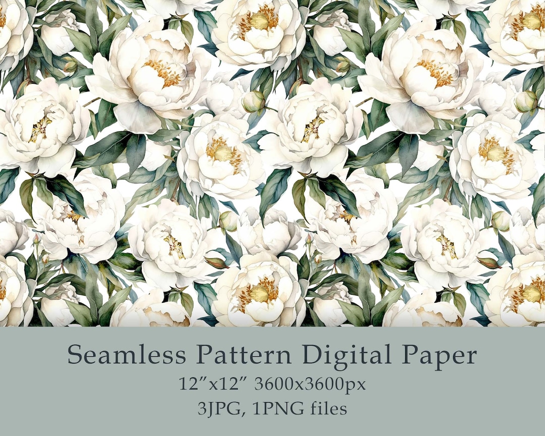Watercolor White Peonies Seamless Pattern Digital Paper Fabric Textile ...