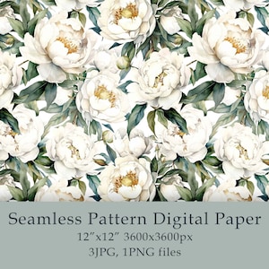 Aquarell weiße Pfingstrosen Musterdesign Digital Papier Stoff Textil Bauernhaus Dekor Garten Blumenmuster Geburtstag png Digital PNG JPG