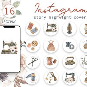 Può includere: Set di 16 copertine per evidenziatori di storie Instagram ad acquerello con temi di cucito e artigianato. Le copertine includono immagini di una macchina da cucire, bobine di filo, bottoni, forbici, un ago e un cuscinetto per aghi, un ferro da stiro e una chiave con una bobina di filo. Le copertine sono in un cerchio bianco con un contorno marrone.